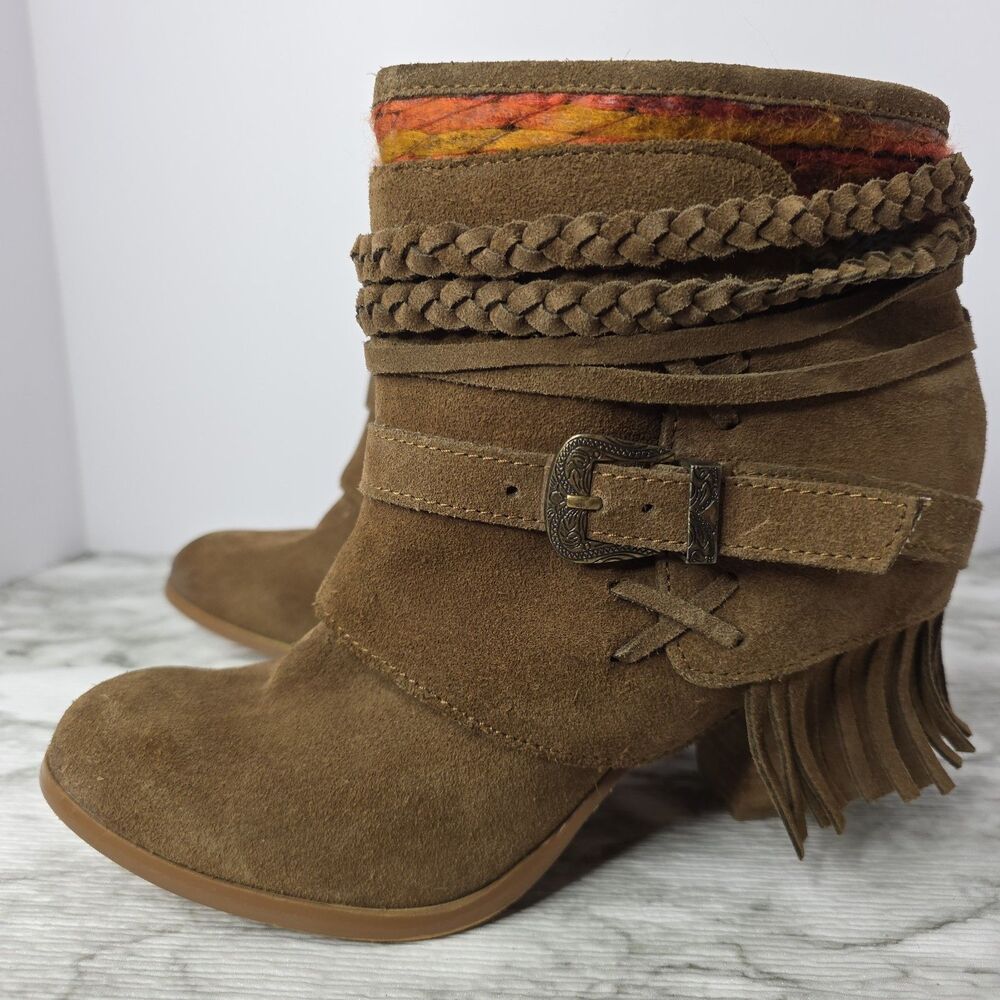 Naughty Monkey Boots Brown Fringe Suede Western Heel  Womens US 7.5 Boho Y2K